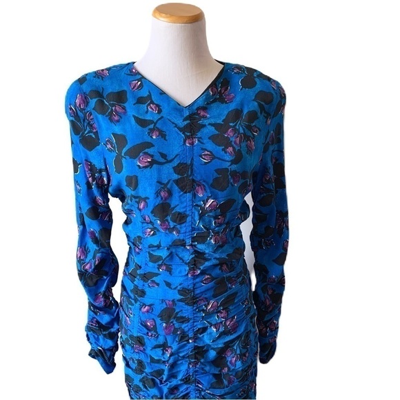 NEW 𝅺ZARA Cobalt Blue Floral Gathered Ruched  Mini Dress Size Medium - Picture 2 of 9